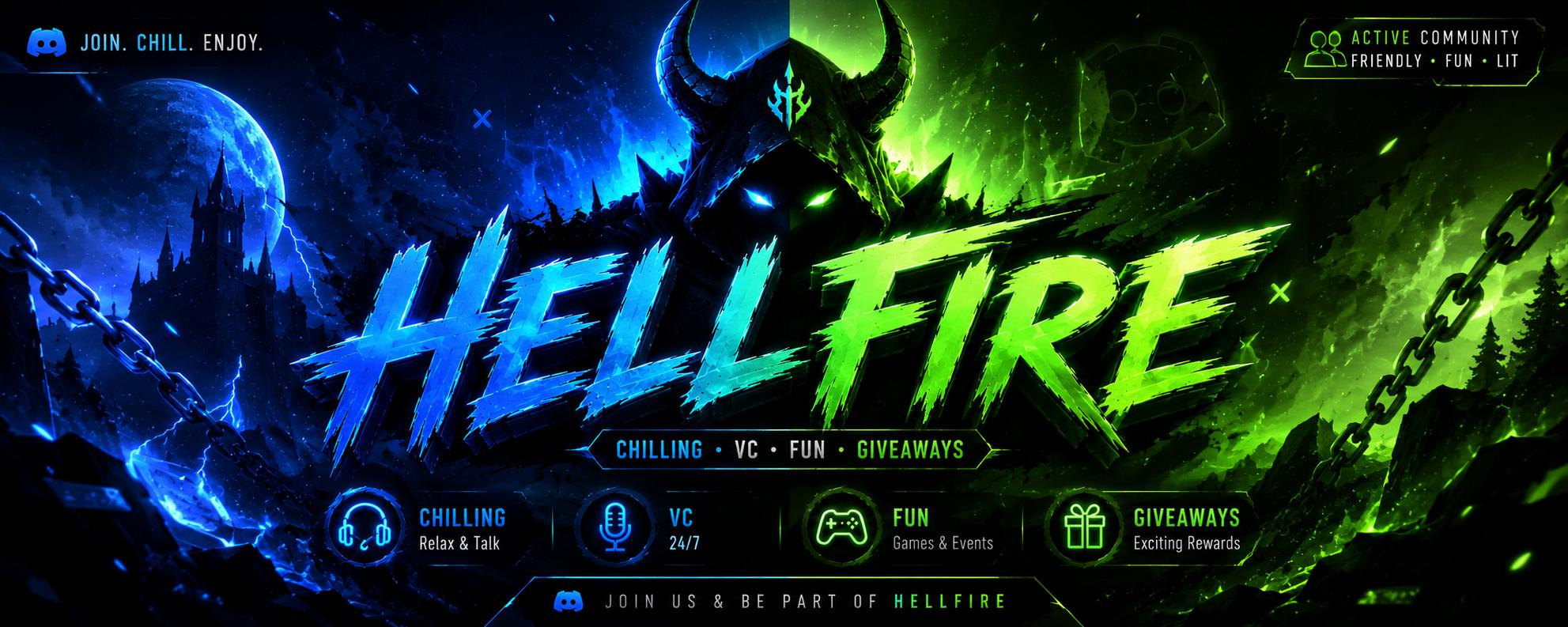 Discovery splash banner for HellFire • chilling • vc • fun • giveaways Discord server